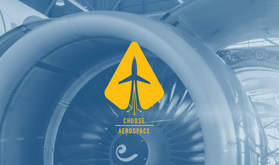 A close-up of a large aircraft engine with turbine blades in view, overlaid with the yellow Choose Aerospace logo featuring an airplane silhouette.