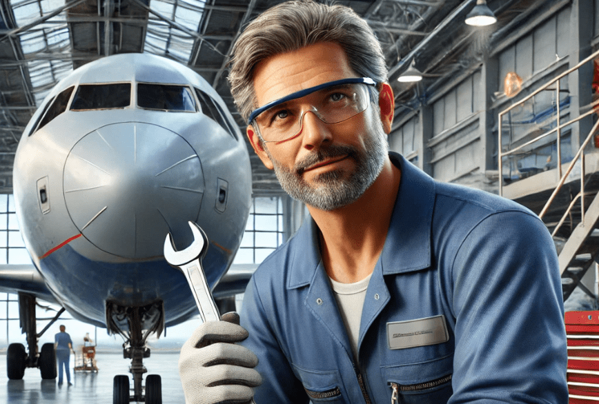 An aircraft mechanic in safety glasses and a blue coverall holding a wrench inside a hangar, standing in front of a large commercial airplane during maintenance work.
