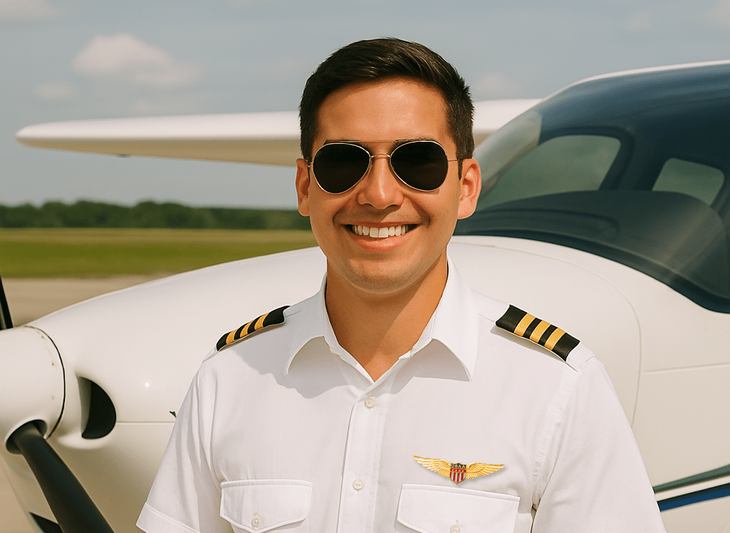 Smiling flight student in uniform and aviator sunglasses standing in front of a small training aircraft on the tarmac.