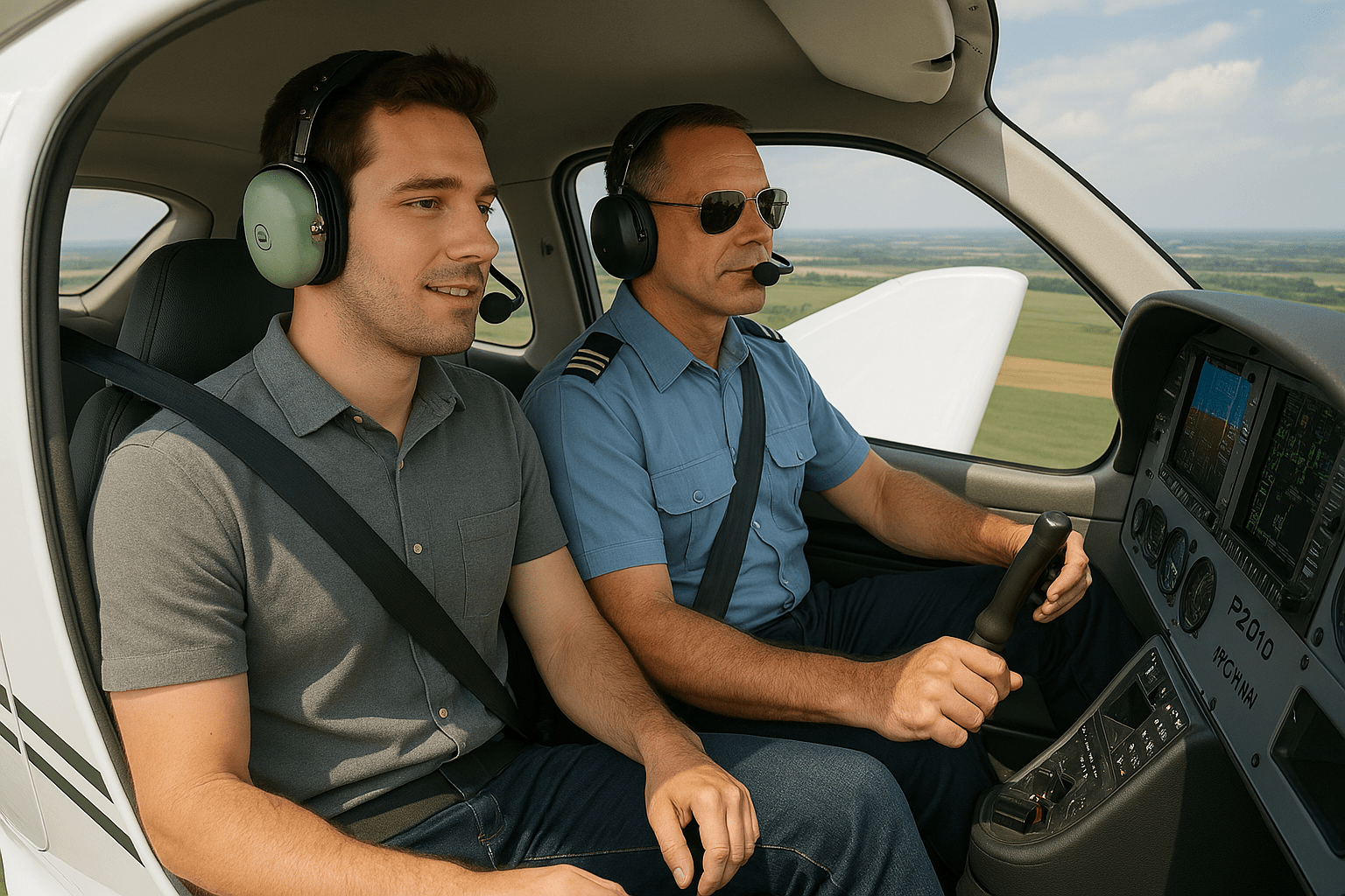 Flight instructor and student wearing headsets seated in a small aircraft cockpit during flight, with navigation screens visible.