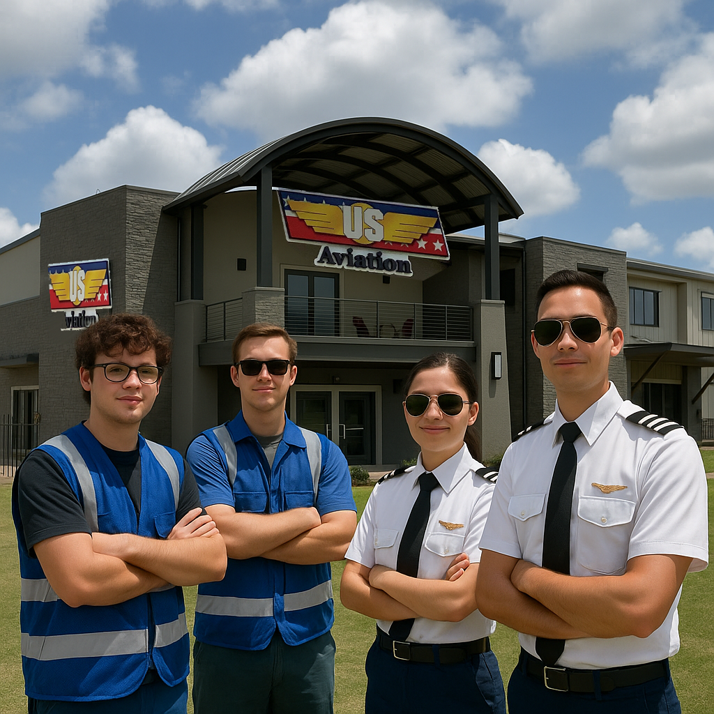 Group of US Aviation Academy students standing with arms crossed in front of the academy building on a sunny day.