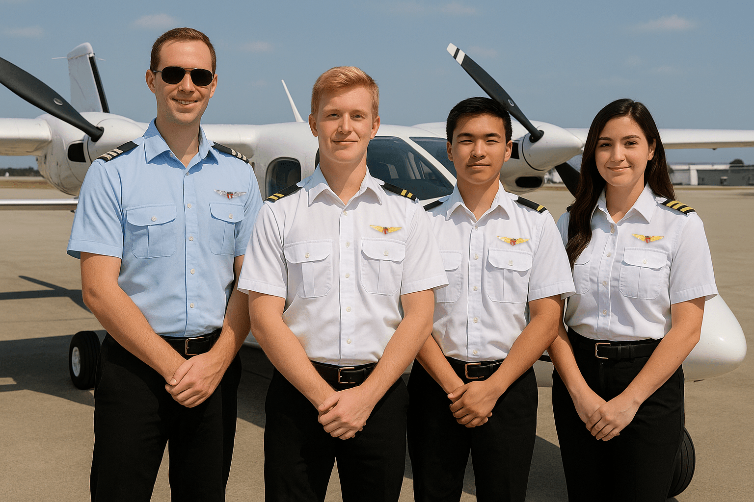 Four flight students in uniform standing in front of a small training aircraft on the tarmac.