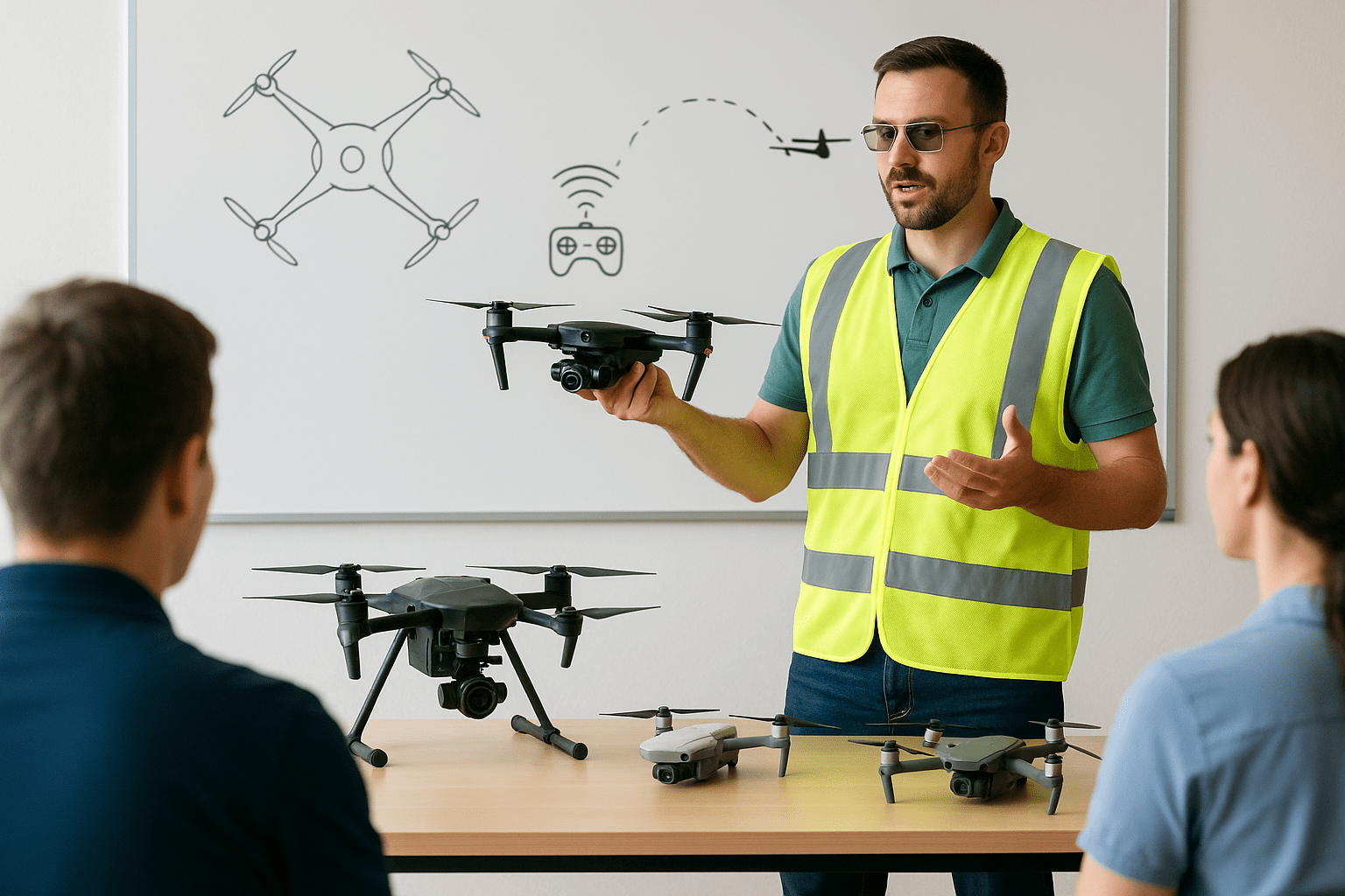 Instructor in a yellow safety vest holding a drone while teaching students, with multiple drones on the table and drone diagrams drawn on the whiteboard behind him.