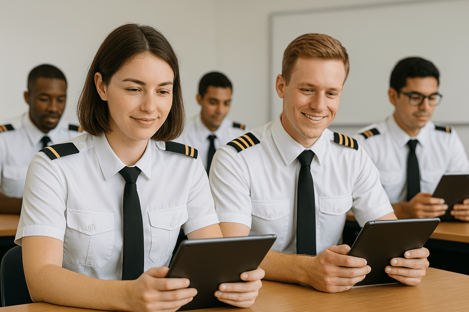 Group of pilot trainees in uniform sitting at desks and using tablets during a classroom training session.