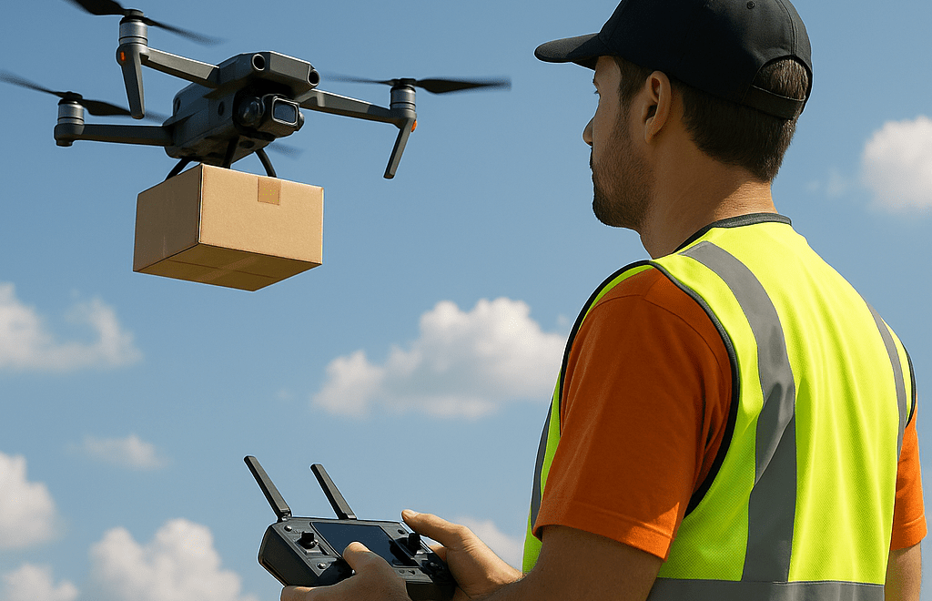 Drone operator in a reflective safety vest remotely flying a quadcopter carrying a small package against a blue sky.