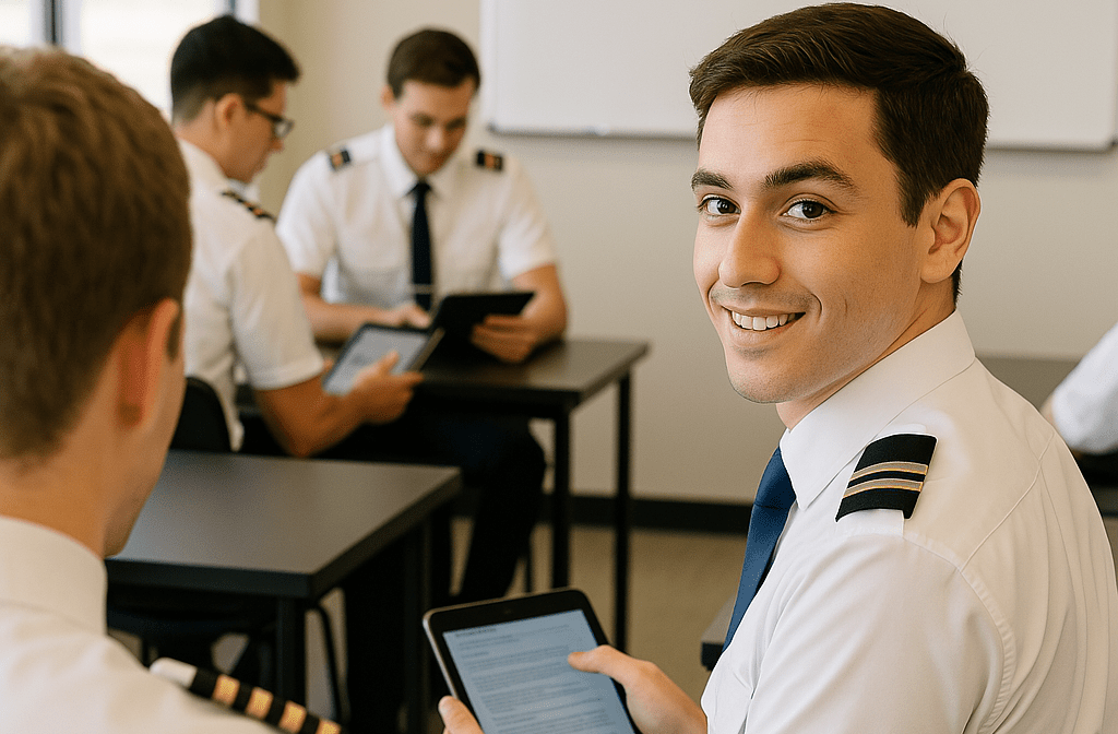 group of flight students in uniform during a classroom session. One student in the foreground is smiling at the camera while holding a tablet, and others in the background are focused on their own devices.