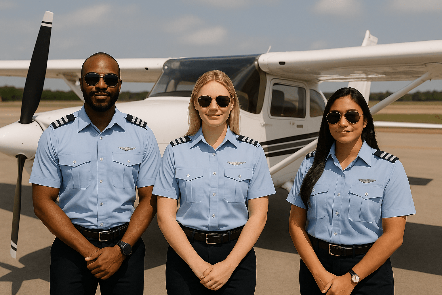 Three uniformed student pilots standing confidently in front of a small training aircraft on a sunny day.