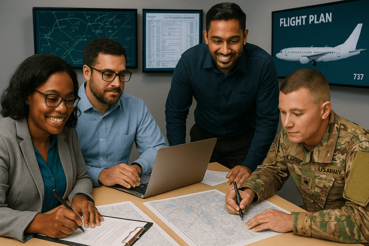 A diverse group of professionals, including a person in U.S. Army uniform, collaborate around a table reviewing flight maps and planning documents, with aviation charts and a “Flight Plan” display visible on the screens behind them.